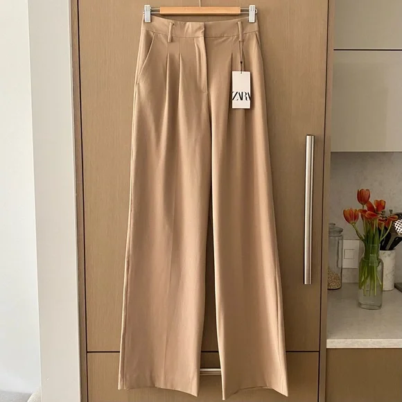Zara pleated wide leg trouser pant tan - Picture 2 of 9